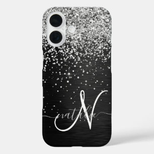 Custom Silver Glitter Black Sparkle Monogram iPhone 16 Case