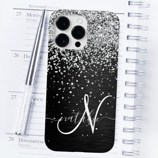 Custom Silver Glitter Black Sparkle Monogram Case-Mate iPhone Case (Creator Uploaded)