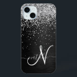 Custom Silver Glitter Black Sparkle Monogram iPhone 15 Mini Case<br><div class="desc">Easily personalize this trendy elegant phone case design featuring pretty silver sparkling glitter on a black brushed metallic background.</div>