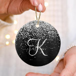 Custom Silver Glitter Black Sparkle Monogram Ceramic Ornament<br><div class="desc">Easily personalize this trendy elegant ceramic ornament design featuring pretty silver sparkling glitter on a black brushed metallic background.</div>
