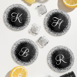 Custom Silver Glitter Black Sparkle Monogram Coaster Set<br><div class="desc">Easily personalize this trendy elegant coaster set design featuring pretty silver sparkling glitter on a black brushed metallic background.</div>