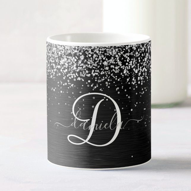 Custom Silver Glitter Black Sparkle Monogram Coffee Mug (Creator Uploaded)