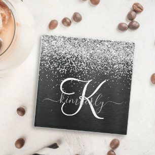 Custom Silver Glitter Black Sparkle Monogram Glass Coaster