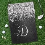 Custom Silver Glitter Black Sparkle Monogram Golf Towel<br><div class="desc">Easily personalize this trendy elegant golf towel design featuring pretty silver sparkling glitter on a black brushed metallic background.</div>