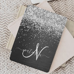 Custom Silver Glitter Black Sparkle Monogram iPad Pro Cover<br><div class="desc">Easily personalize this trendy elegant iPad cover design featuring pretty silver sparkling glitter on a black brushed metallic background.</div>