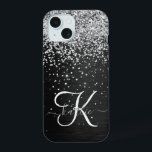 Custom Silver Glitter Black Sparkle Monogram iPhone 15 Case<br><div class="desc">Easily personalize this trendy elegant phone case design featuring pretty silver sparkling glitter on a black brushed metallic background.</div>