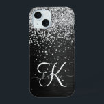 Custom Silver Glitter Black Sparkle Monogram iPhone 15 Case<br><div class="desc">Easily personalize this trendy elegant phone case design featuring pretty silver sparkling glitter on a black brushed metallic background.</div>