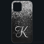 Custom Silver Glitter Black Sparkle Monogram iPhone 12 Pro Max Case<br><div class="desc">Easily personalize this trendy elegant phone case design featuring pretty silver sparkling glitter on a black brushed metallic background.</div>