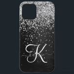 Custom Silver Glitter Black Sparkle Monogram iPhone 12 Pro Max Case<br><div class="desc">Easily personalize this trendy elegant phone case design featuring pretty silver sparkling glitter on a black brushed metallic background.</div>