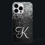 Custom Silver Glitter Black Sparkle Monogram iPhone 14 Pro Max Case<br><div class="desc">Easily personalize this trendy elegant phone case design featuring pretty silver sparkling glitter on a black brushed metallic background.</div>