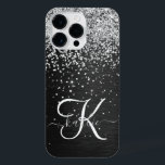 Custom Silver Glitter Black Sparkle Monogram iPhone 14 Pro Max Case<br><div class="desc">Easily personalize this trendy elegant phone case design featuring pretty silver sparkling glitter on a black brushed metallic background.</div>
