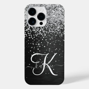 Custom Silver Glitter Black Sparkle Monogram iPhone 14 Pro Max Case