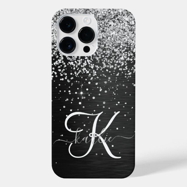 Custom Silver Glitter Black Sparkle Monogram iPhone Case (Back)