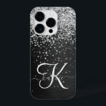 Custom Silver Glitter Black Sparkle Monogram iPhone 14 Pro Case<br><div class="desc">Easily personalize this trendy elegant phone case design featuring pretty silver sparkling glitter on a black brushed metallic background.</div>