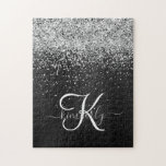Custom Silver Glitter Black Sparkle Monogram Jigsaw Puzzle<br><div class="desc">Easily personalize this trendy elegant jigsaw puzzle design featuring pretty silver sparkling glitter on a black brushed metallic background.</div>