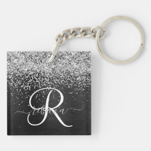 Custom Silver Glitter Black Sparkle Monogram Keychain