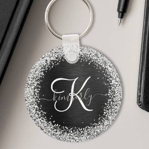 Custom Silver Glitter Black Sparkle Monogram Keychain