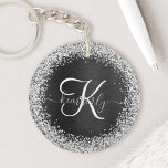 Custom Silver Glitter Black Sparkle Monogram Keychain<br><div class="desc">Easily personalize this trendy elegant keychain design featuring pretty silver sparkling glitter on a black brushed metallic background.</div>