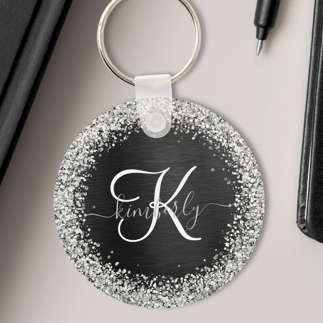 Custom Silver Glitter Black Sparkle Monogram Keychain (Creator Uploaded)