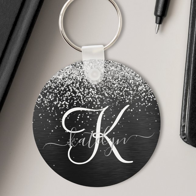 Custom Silver Glitter Black Sparkle Monogram Keychain (Creator Uploaded)