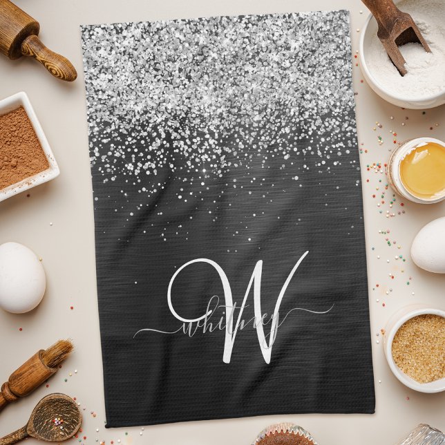 Custom Silver Glitter Black Sparkle Monogram Kitchen Towel (Creator Uploaded)