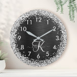 Custom Silver Glitter Black Sparkle Monogram Large Clock<br><div class="desc">Easily personalize this trendy elegant clock design featuring pretty silver sparkling glitter on a black brushed metallic background.</div>