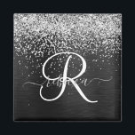 Custom Silver Glitter Black Sparkle Monogram Magnet<br><div class="desc">Easily personalize this trendy elegant magnet design featuring pretty silver sparkling glitter on a black brushed metallic background.</div>