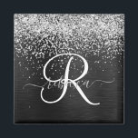 Custom Silver Glitter Black Sparkle Monogram Magnet<br><div class="desc">Easily personalize this trendy elegant magnet design featuring pretty silver sparkling glitter on a black brushed metallic background.</div>