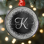 Custom Silver Glitter Black Sparkle Monogram Metal Ornament<br><div class="desc">Easily personalize this trendy elegant metal ornament design featuring pretty silver sparkling glitter on a black brushed metallic background.</div>