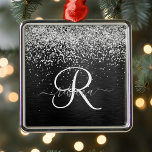 Custom Silver Glitter Black Sparkle Monogram Metal Ornament<br><div class="desc">Easily personalize this trendy elegant metal ornament design featuring pretty silver sparkling glitter on a black brushed metallic background.</div>