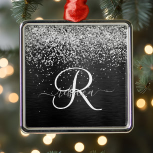 Custom Silver Glitter Black Sparkle Monogram Metal Ornament
