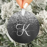 Custom Silver Glitter Black Sparkle Monogram Ornament<br><div class="desc">Easily personalize this trendy elegant ornament design featuring pretty silver sparkling glitter on a black brushed metallic background.</div>