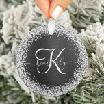 Custom Silver Glitter Black Sparkle Monogram Ornament<br><div class="desc">Easily personalize this trendy elegant ornament design featuring pretty silver sparkling faux glitter on a black brushed metallic background.</div>