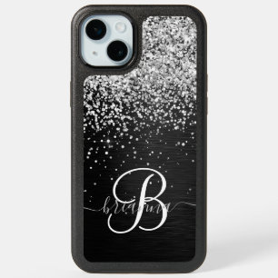 Custom Silver Glitter Black Sparkle Monogram iPhone 15 Plus Case