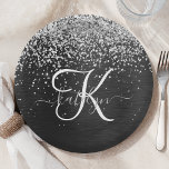 Custom Silver Glitter Black Sparkle Monogram Paper Plate<br><div class="desc">Easily personalize this trendy elegant paper plate design featuring pretty silver sparkling glitter on a black brushed metallic background.</div>