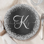 Custom Silver Glitter Black Sparkle Monogram Paper Plate<br><div class="desc">Easily personalize this trendy elegant paper plate design featuring pretty silver sparkling glitter on a black brushed metallic background.</div>