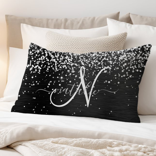 Custom Silver Glitter Black Sparkle Monogram Pillowcase (Creator Uploaded)
