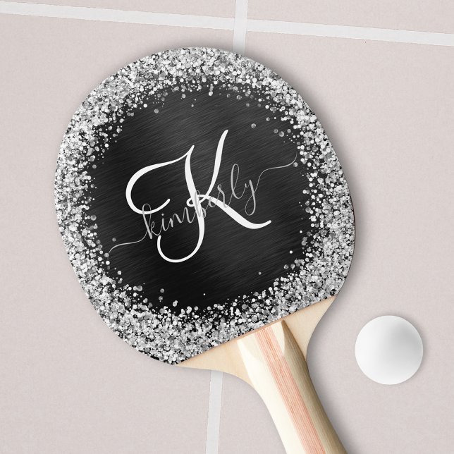 Custom Silver Glitter Black Sparkle Monogram Ping Pong Paddle (Creator Uploaded)