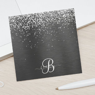Custom Silver Glitter Black Sparkle Monogram Post-it Notes