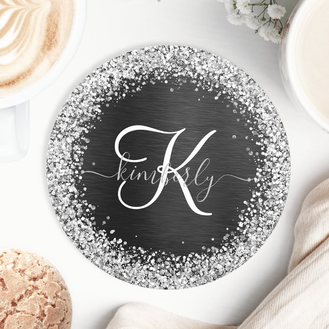 Custom Silver Glitter Black Sparkle Monogram Round Paper Coaster (Creator Uploaded)