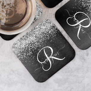 Custom Silver Glitter Black Sparkle Monogram Square Paper Coaster