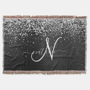 Custom Silver Glitter Black Sparkle Monogram Throw Blanket