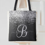 Custom Silver Glitter Black Sparkle Monogram Tote Bag<br><div class="desc">Easily personalize this trendy elegant tote bag design featuring pretty silver sparkling glitter on a black brushed metallic background.</div>