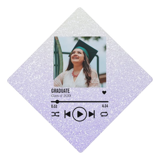 Custom Silver Glitter Graduate Photo Song Playlist Graduation Cap Topper (Front)