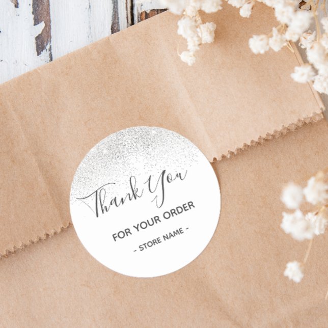 Custom Silver Glitter Order Thank You Classic Round Sticker (Let your customers know you appreciate their business with these editable thank you stickers.)
