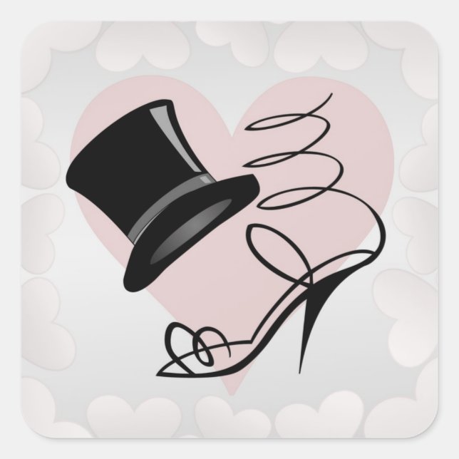 Custom Silver Hearts Black Top Hat and High Heels Square Sticker (Front)