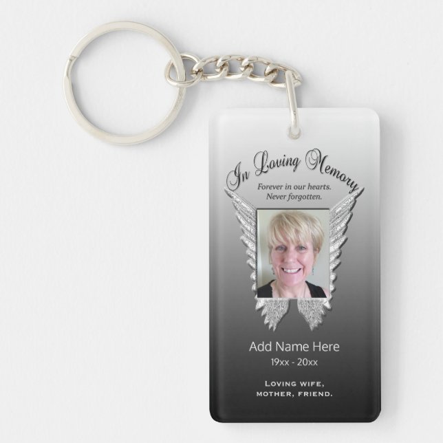 Custom Silver Memorial Angel Wings Add Photo Keychain (Front)