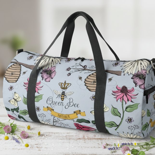 Custom Silver Mist, Black & Gold Queen Bee & Crown Duffle Bag (Feminine Floral Queen Bee Duffle Bag for Her. Modern Bees, Honeybees, Beehive Insect Flower Pattern.)