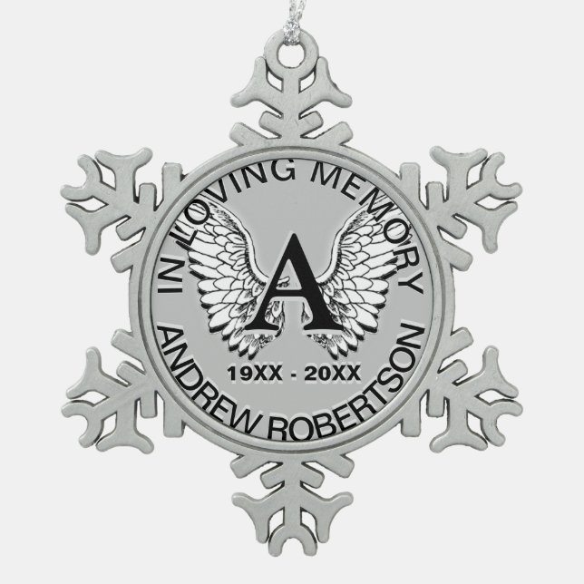 Custom Silver Monogram Memorial Snowflake Pewter Christmas Ornament (Front)