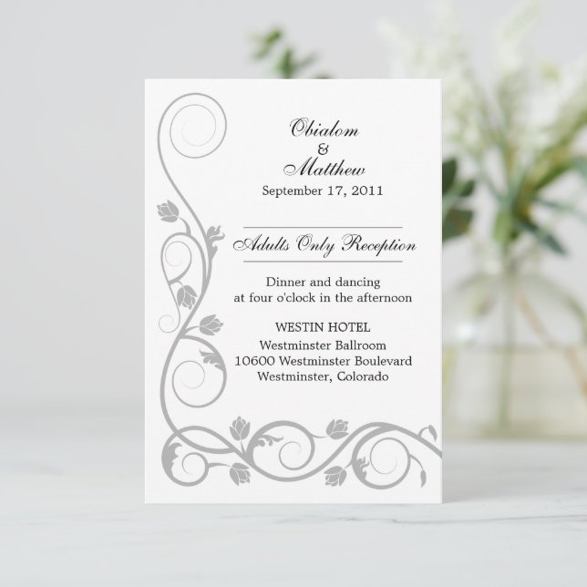 Custom Silver Swirls Reception Cards (Standing Front)